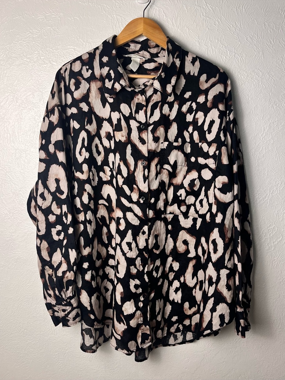 H&M Linen Button Up Oversized Shirt Womens XL Leopard Print Long Sleeve